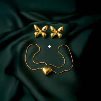 Jade Heart Necklace + Butterfly Earrings Combo