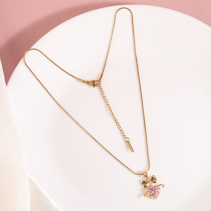 Iced Bow Necklace, Rose Bow Necklace, Small Bow Earrings & Snake Chain Necklace Combo