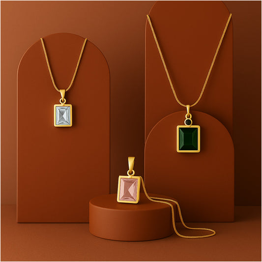 Green Emerald Diamond Necklace Gold Plated + Pink Emerald Rose Quartz Necklace + Emerald Diamond Necklace 2.0 Gold Plated