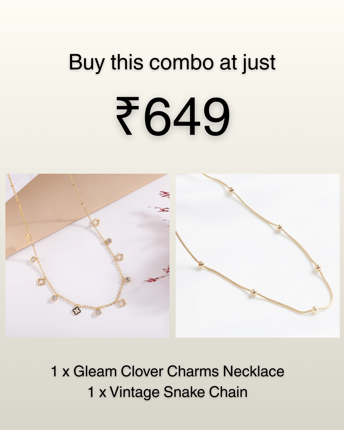 Golden Clover Charms & Vintage Snake Chain Necklace Combo