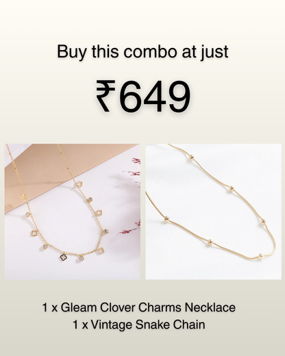 Golden Clover Charms & Vintage Snake Chain Necklace Combo