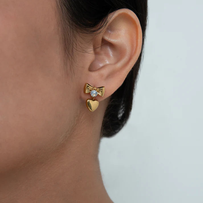 Rose Enamel Chain Necklace Gold Plated + Bamboo Bracelet Kada 18k Gold Plated + Dangling Diamond Bow Earrings Gold Plated