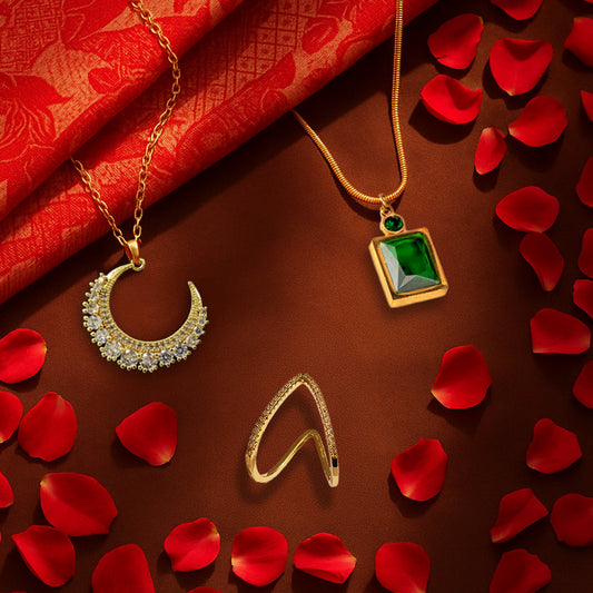 Iced Moon Diamond Necklace Gold Plated + Green Emerald Diamond Necklace Gold Plated + Classic V Diamond Studded Adjustable Ring Gold Plated AR49