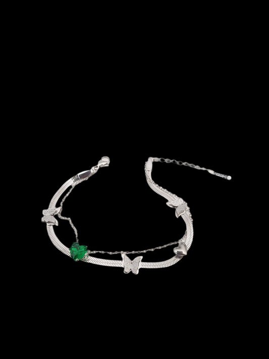 Butterfly Emerald Snake Bracelet Silver Plated, Waterproof and Anti-Tarnish - 8 inches