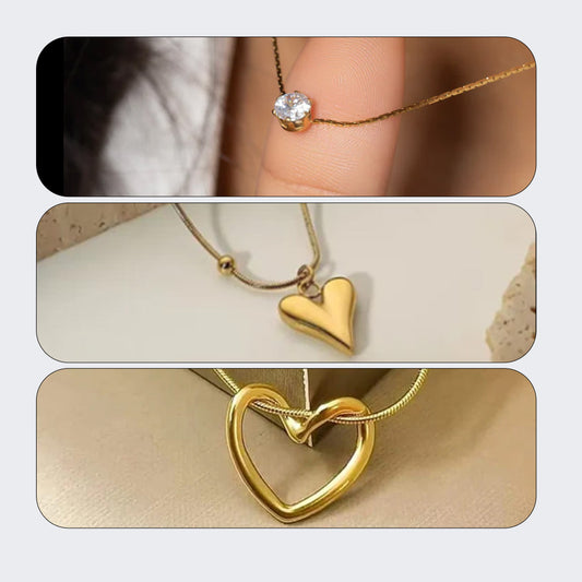 Diamond Necklace NLCP105G Gold Plated + Heart Vintage Chain Necklace Gold Plated + Knot Heart Chain Pendant Necklace Gold Plated Combo