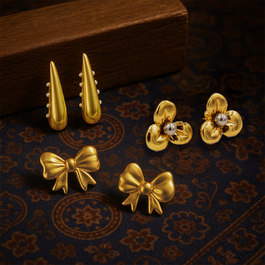 Small Bow Earrings Gold Plated + Tri Petal Earrings Gold Plated + Pearl Strip Earrings Gold Plated
