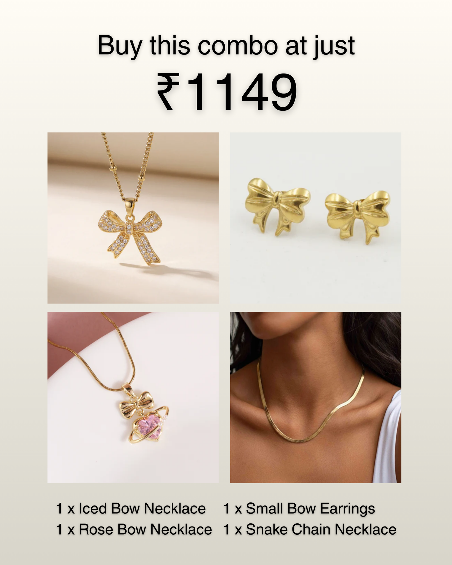 Iced Bow Necklace, Rose Bow Necklace, Small Bow Earrings & Snake Chain Necklace Combo