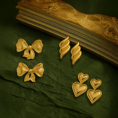 Wrinkle Bow Earrings Gold Plated + Glide Wings Earrings Gold Plated + Double Hearts Classic Earrings Gold Plated