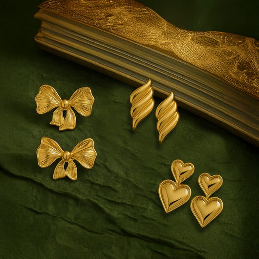 Wrinkle Bow Earrings Gold Plated + Glide Wings Earrings Gold Plated + Double Hearts Classic Earrings Gold Plated