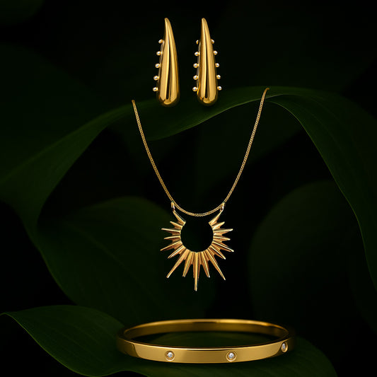 Pearl Strip Earrings Gold Plated + Sun Necklace Gold Plated + Cartier Inspired Love Bracelet Kada 18K Gold Plated