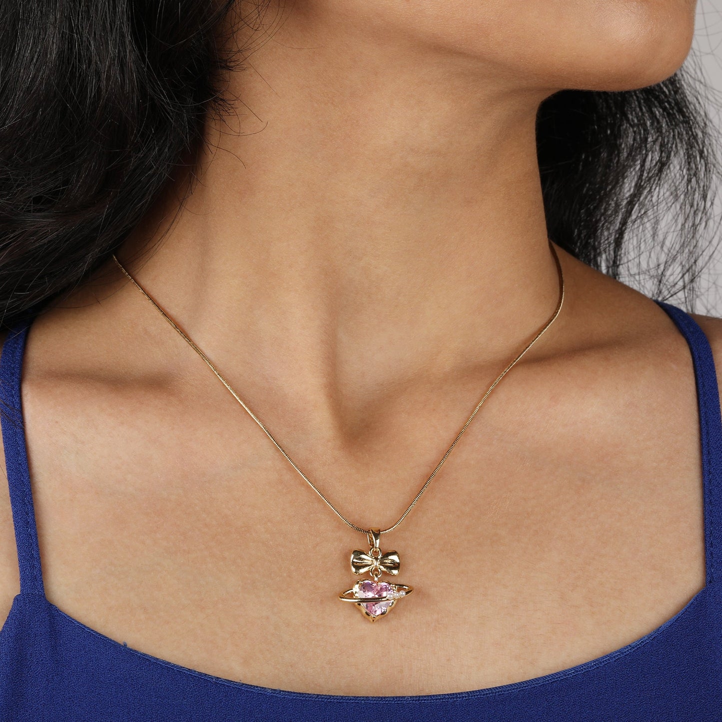 Iced Bow Necklace, Rose Bow Necklace, Small Bow Earrings & Snake Chain Necklace Combo