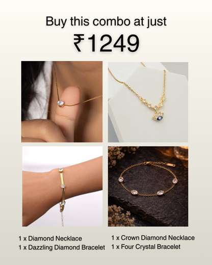 Diamond Necklace, Crown Diamond Necklace, Dazzling Diamond Bracelet & Four Crystal Bracelet Combo