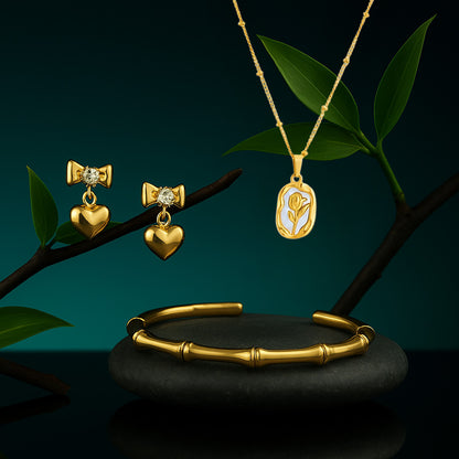Rose Enamel Chain Necklace Gold Plated + Bamboo Bracelet Kada 18k Gold Plated + Dangling Diamond Bow Earrings Gold Plated
