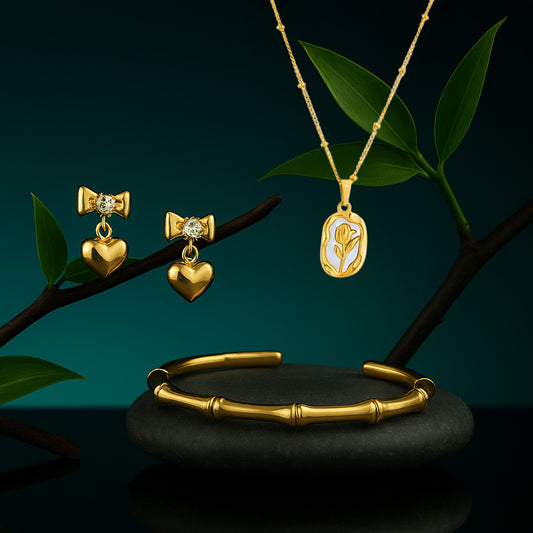Rose Enamel Chain Necklace Gold Plated + Bamboo Bracelet Kada 18k Gold Plated + Dangling Diamond Bow Earrings Gold Plated