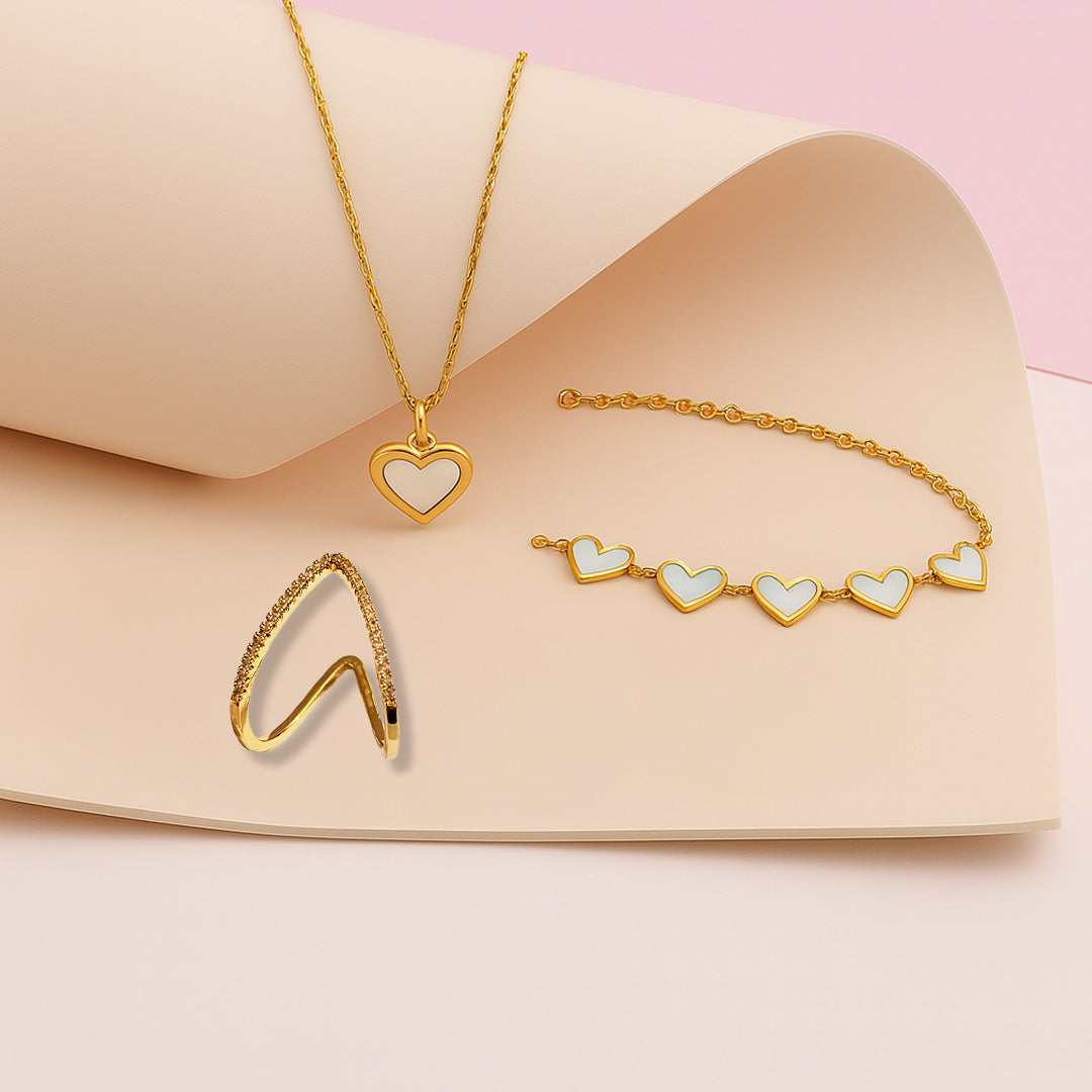 Little Love Reversible Necklace + Sweetheart Charm Bracelet + Classic V Diamond Studded Adjustable Ring Gold Plated AR49