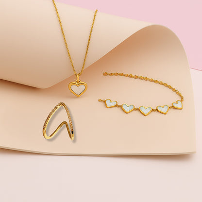 Little Love Reversible Necklace + Sweetheart Charm Bracelet + Classic V Diamond Studded Adjustable Ring Gold Plated AR49