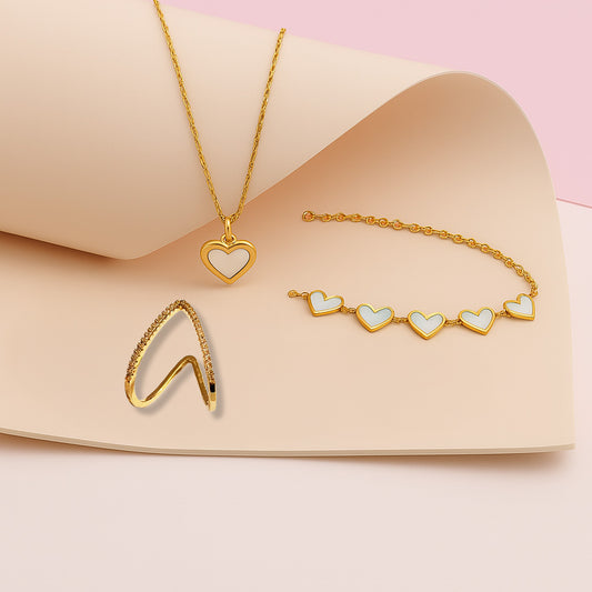Little Love Reversible Necklace + Sweetheart Charm Bracelet + Classic V Diamond Studded Adjustable Ring Gold Plated AR49