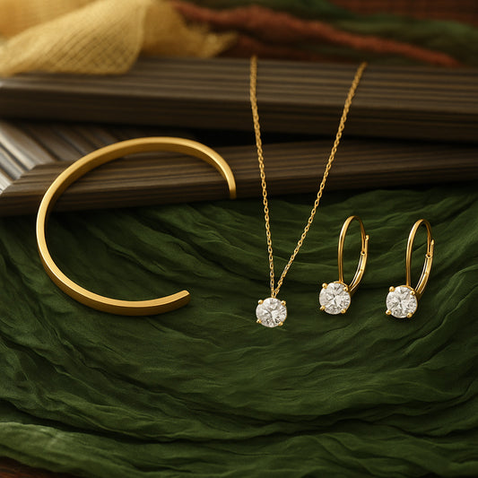 Minimalist Unisex Open Bracelet Kada Adjustable Size + Solitaire Earrings 0.5mm Gold Plated + Diamond Necklace NLCP105G Gold Plated