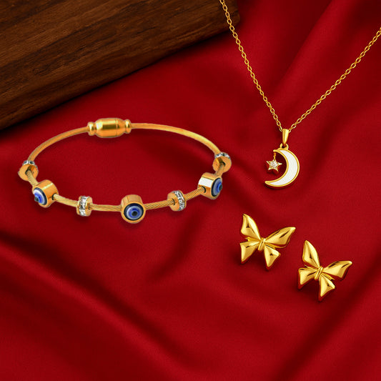 Evil Eye Cuff Bangle Bracelet Kada Gold NLK144G Gold Plated + Mother Pearl Moon Star Necklace Gold Plated + Butterfly Earrings Gold Plated