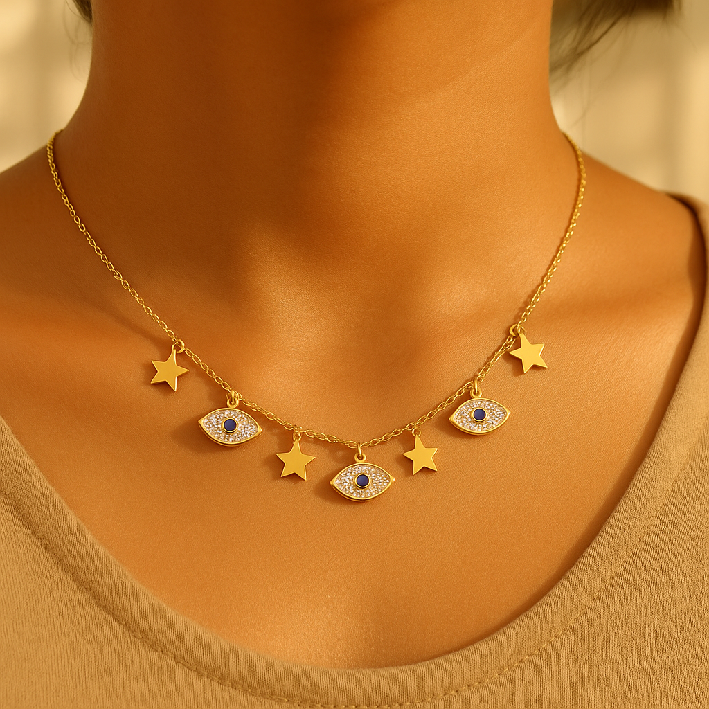 Evil Eye Star Charm Necklace + Evil Eye Kada Bracelet Combo