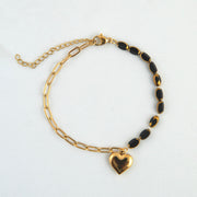 Golden Heart Charm Black Beads Bracelet Gold Plated, Waterproof and Anti-Tarnish - 8 inches