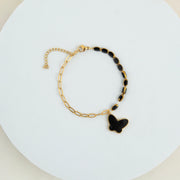 Crystal Butterfly Black Charm Bracelet Gold Plated, Waterproof and Anti-Tarnish - 8 inches