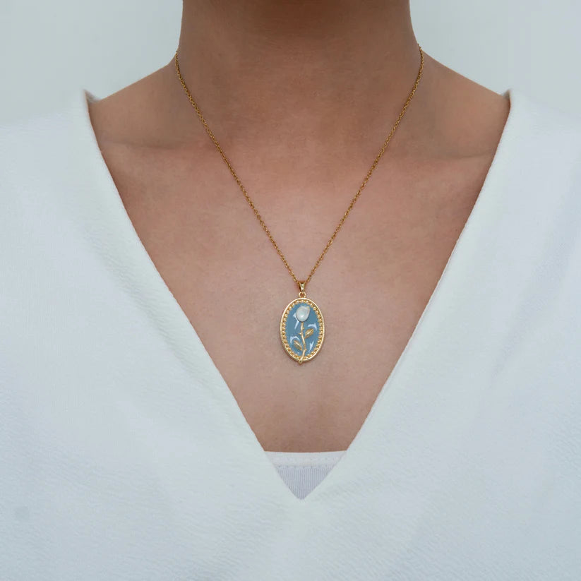 Golden Rose Enamel Necklace + Blue Rose Enamel Necklace Combo
