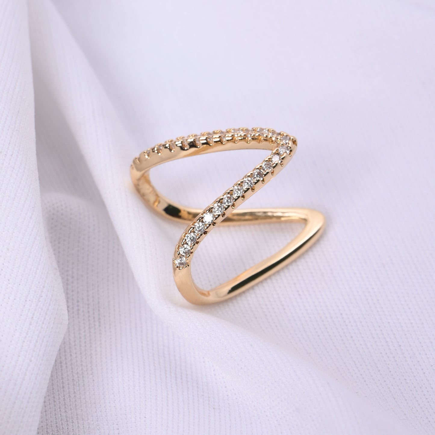 Classic V Diamond Studded Adjustable Ring Gold Plated AR49