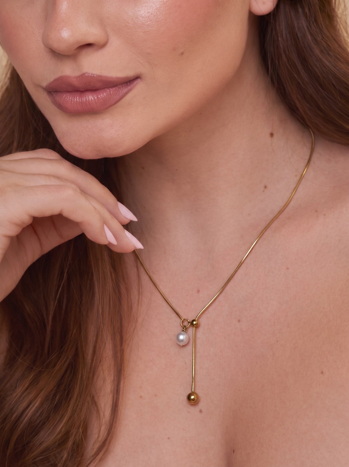 Golden Pearl Lariat Necklace