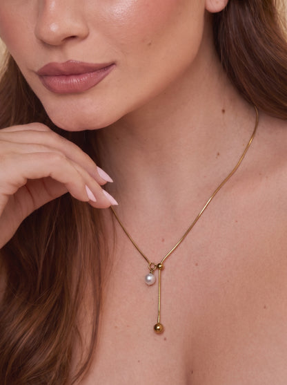 Golden Pearl Lariat Necklace