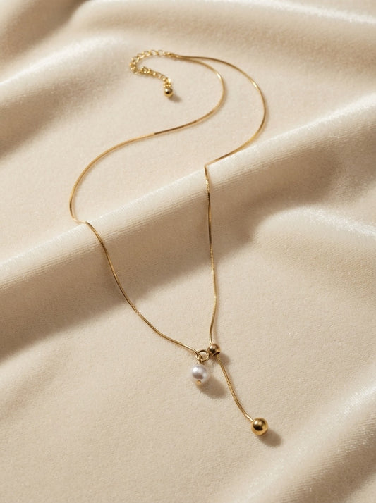 Golden Pearl Lariat Necklace