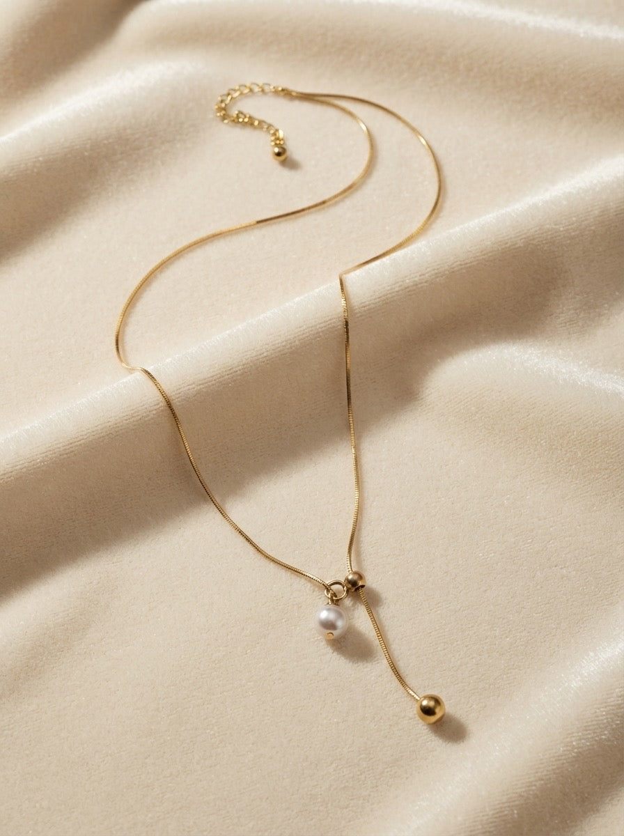 Golden Pearl Lariat Necklace