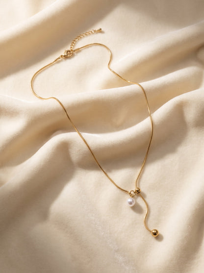 Golden Pearl Lariat Necklace