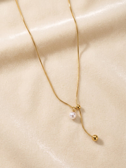 Golden Pearl Lariat Necklace