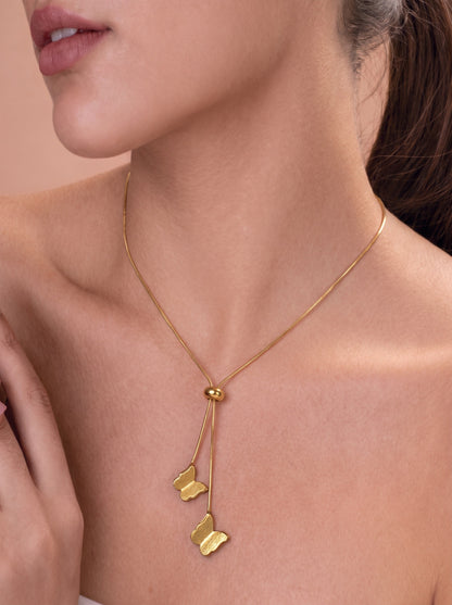 Golden Twin Butterfly Tassel Necklace