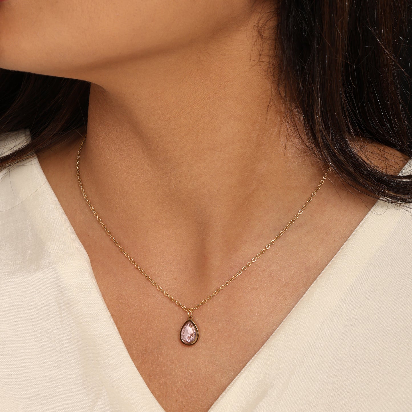 Pink Teardrop Crystal Pendant Necklace