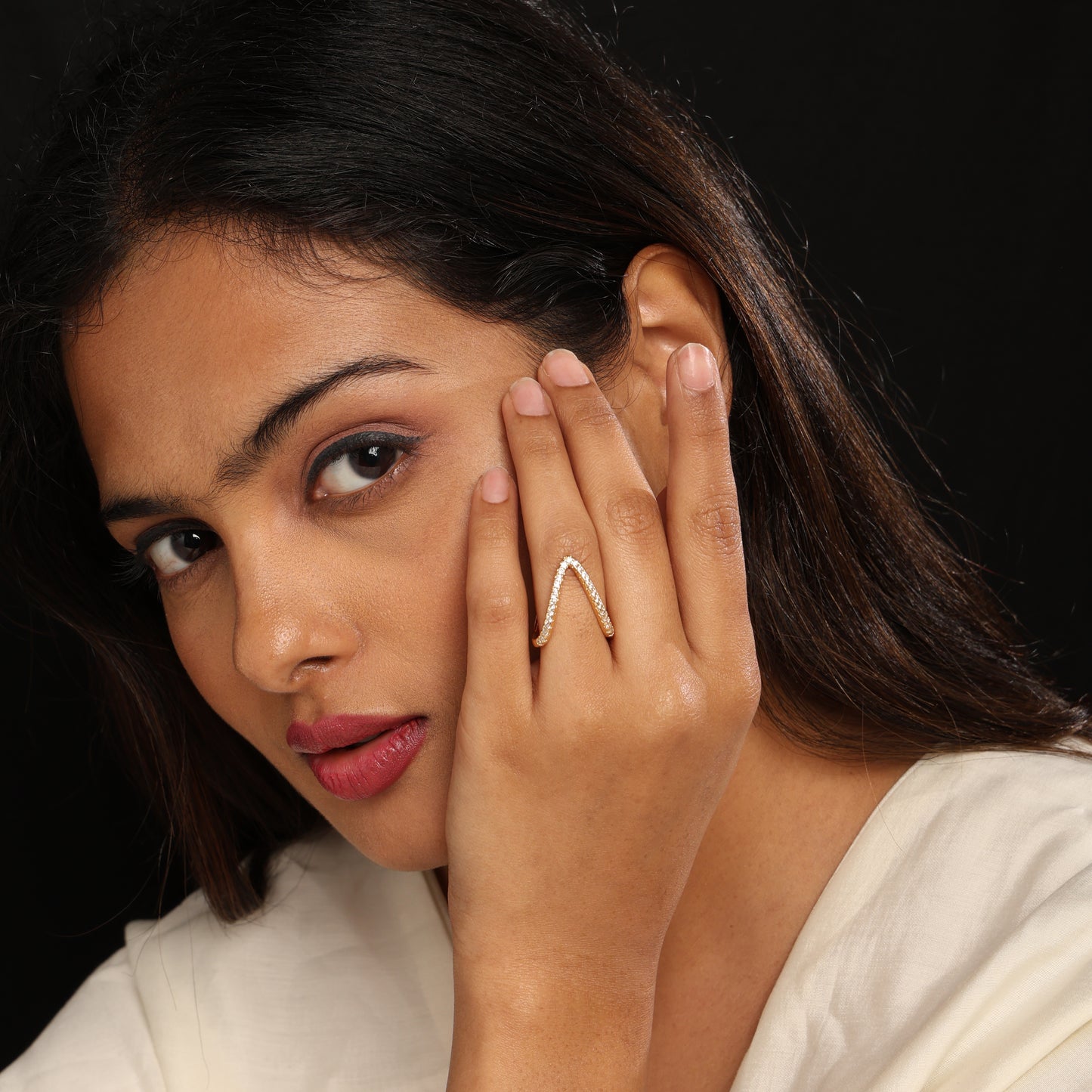 Classic V Diamond Studded Adjustable Ring Gold Plated AR49