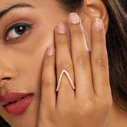 Classic V Diamond Studded Adjustable Ring Gold Plated AR49
