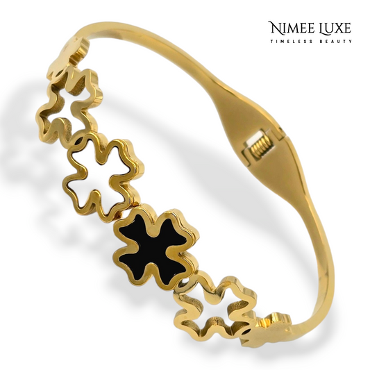 Black & White Cuff Bangle Bracelet Kada Gold NLK146G Gold Plated, Waterproof and Anti-Tarnish