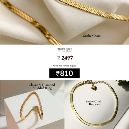 Snake Chain + Snake Bracelet + Classic V Diamond Studded Adjustable Ring Combo