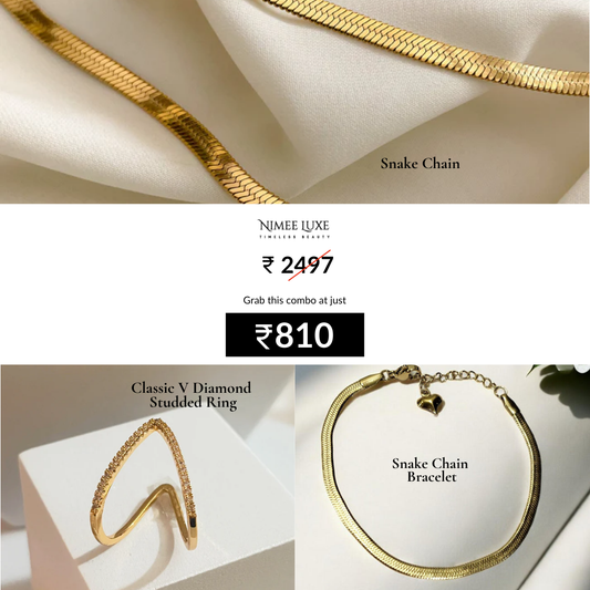 Snake Chain + Snake Bracelet + Classic V Diamond Studded Adjustable Ring Combo