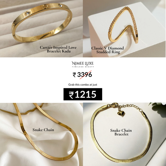 Snake Chain + Snake Bracelet + Classic V Diamond Studded Adjustable Ring + Cartier Inspired Love Bracelet Kada Gold Plated Combo