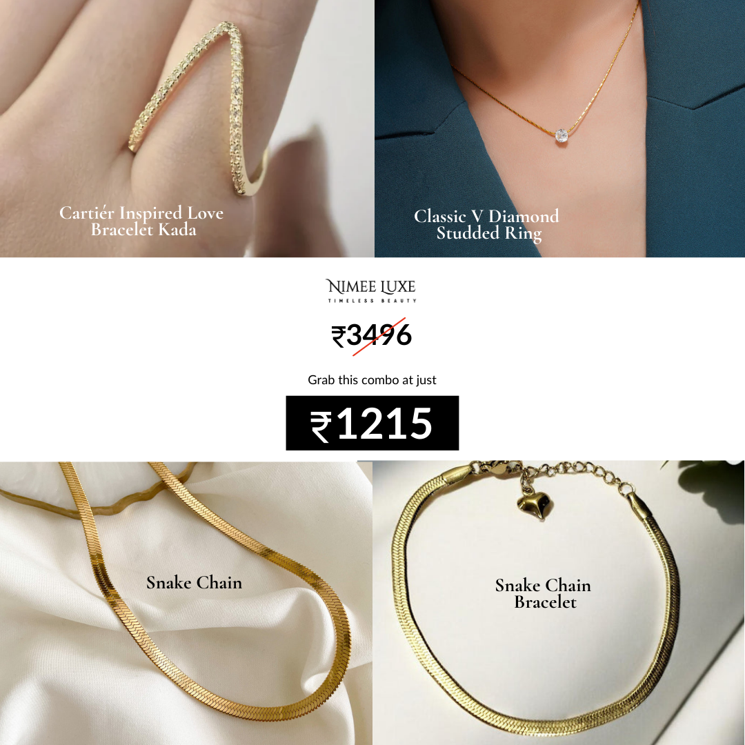 Snake Chain + Snake Bracelet + Classic V Diamond Studded Adjustable Ring + Diamond Necklace NLCP105G Gold Plated Combo