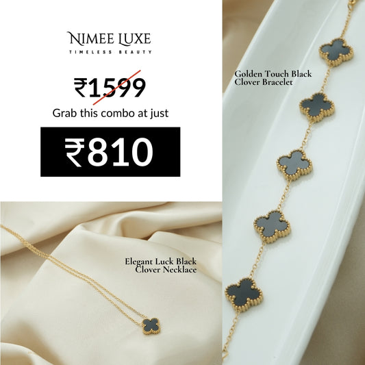 Elegant Luck Black Clover Necklace + Golden Touch Black Clover Bracelet Combo