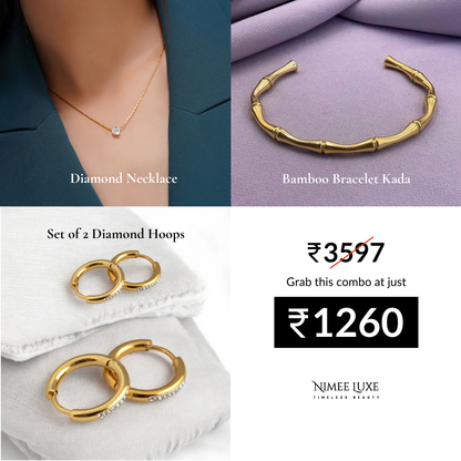 Set of 2 Diamond Hoops Small and Big  Earrings Gold Plated + Diamond Necklace NLCP105G Gold Plated + Bamboo Bracelet Kada Combo