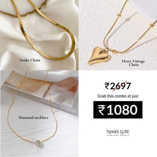 Diamond Necklace NLCP105G Gold Plated + Heart Vintage Chain Necklace Gold Plated + Snake chain Combo
