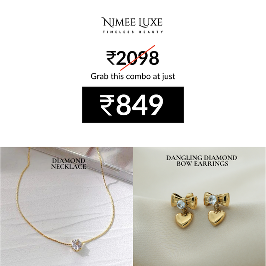 Diamond Necklace NLCP105G Gold Plated + Dangling Diamond Bow Earrings Gold Plated Combo