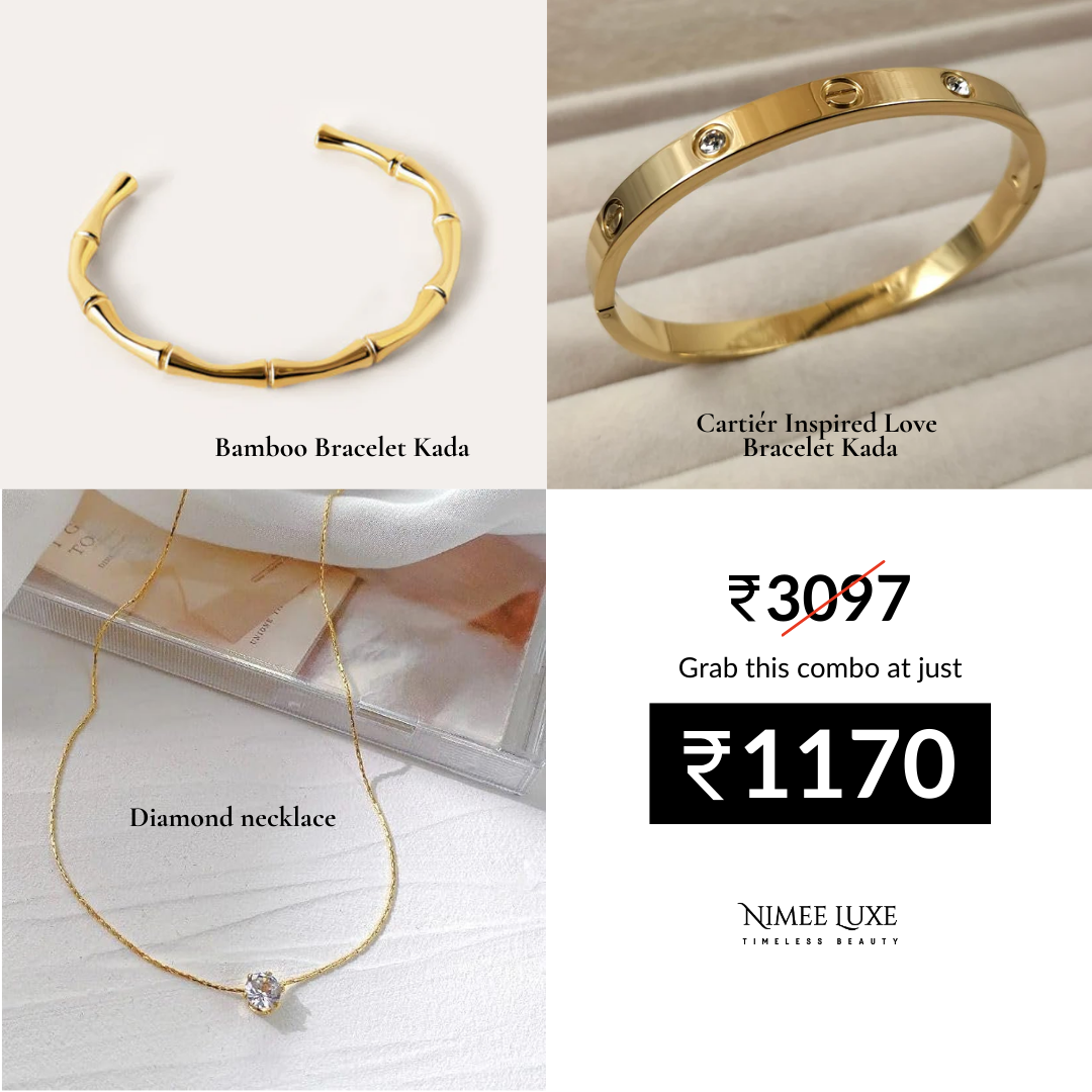 Bamboo Bracelet Kada + Cartier Inspired Love Bracelet Kada Gold Plated + Diamond Necklace NLCP105G Gold Plated Combo