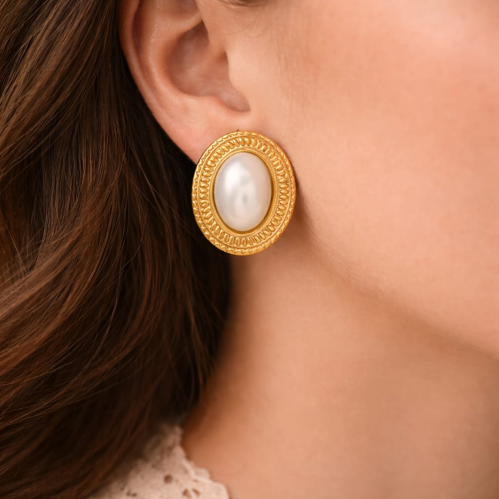 Oval Pearl Stud Earrings