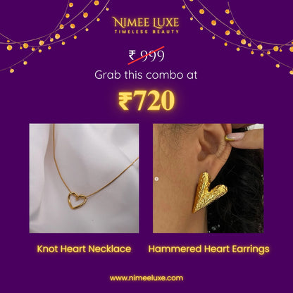 Knot Heart Necklace + Long Hammered Heart Earring Combo